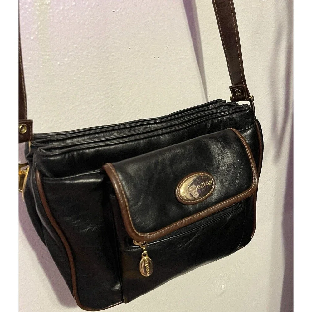 Vintage 80s Capezio Black & Brown Leather Satchel Multi-Compartment Shoulderbag - Picture 1 of 8